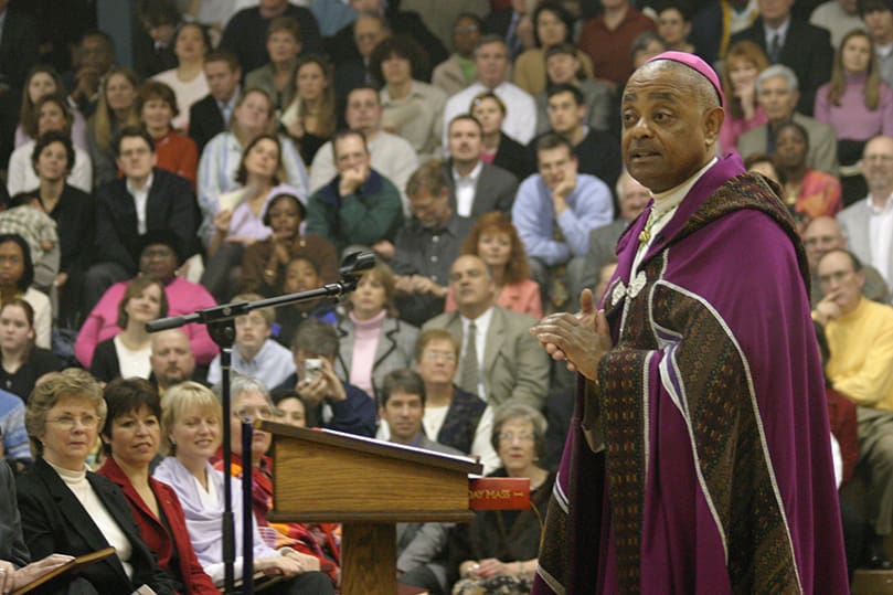 Archbishop Wilton D. Gregory delivers the homily during the Feb. 13 Rite of Election and Call to Continuing Conversion before a capcity crowd at St. Pius X High School, Atlanta. Photo by Michael Alexander