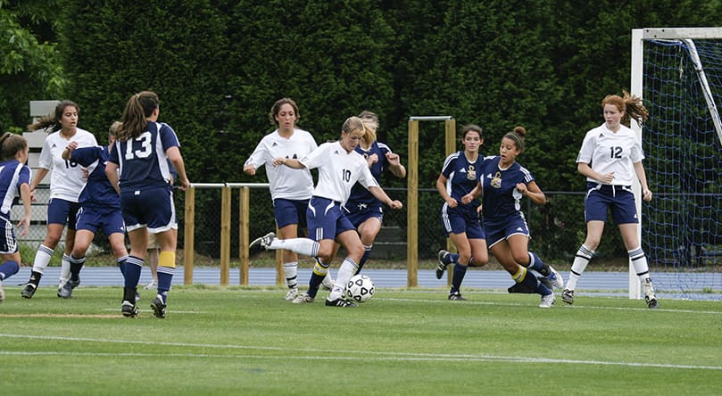 Marist School forward Laura Eddy (#10) kicks in the tying goal to bring the teams even at one apiece with 12:52 remaining in the state finals match. Photo By Michael Alexander