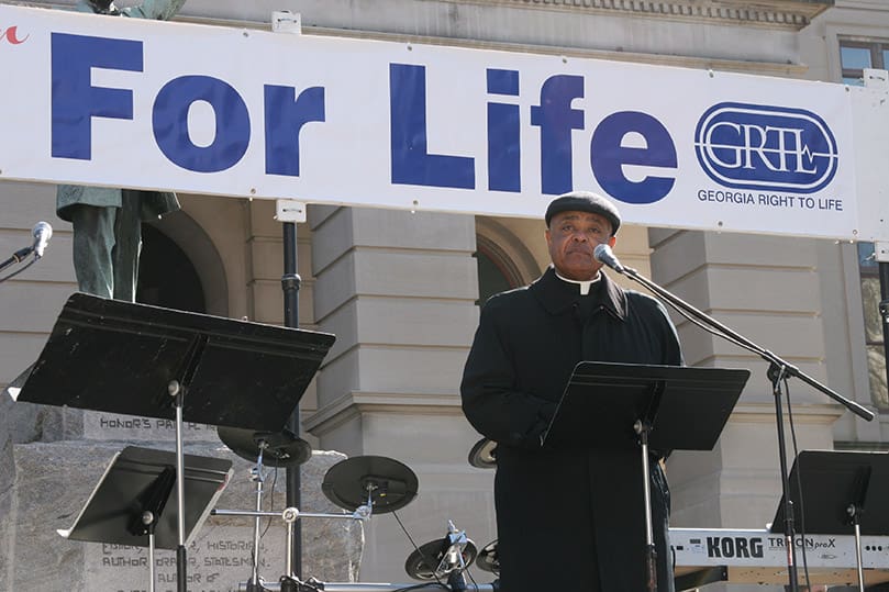 Archbishop Wilton D. Gregory addresses the crowd on hand for the  pro-life memorial service sponsored by Georgia Right To Life in front of the Georgia State Capitol. Photo By Michael Alexander