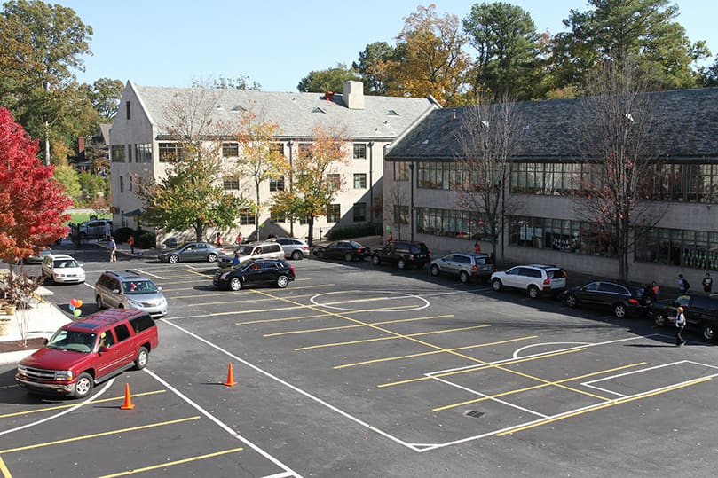 School dismisses at 2:55 p.m. and the afternoon carpool begins at 3:00pm. The methodical process, which takes 30-35 minutes, starts from the church parking deck.