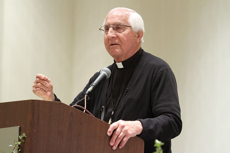 Bishop Thomas Gumbleton, the retired auxiliary bishop of Detroit, Mich., and a co-founder and past president of Pax Christi USA, provides a historical context to the Catholic organization’s movement of peace and justice, along with the importance of non-violent activism. Photo By Michael Alexander