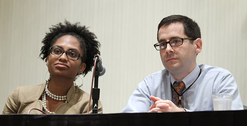 Leading the young adult panel discussion, twenty-seven-year-old Adrienne Alexander of Chicago, Ill., and twenty-nine-year-old Patrick Cashio of Camden, N.J. share their ideas for drawing young members to Pax Christi USA. Alexander is a former member of the Pax Christi National Council and Cashio is a former Pax Christi USA intern. Photo By Michael Alexander