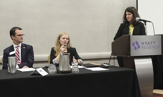 Juliet Greco, far right, of the Catholic Foundation of North Georgia, moderates a panel discussion on marketing to millennials from their perspective. Angela O’Donoghue, center, youth minister at Our Lady of the Assumption Church, Atlanta, speaks while John Lanier, executive director of the Ray C. Anderson Foundation, Atlanta, looks on. Ryan Johnson, an energy consultant and a member of St. Ann Church, Marietta, and Jeff Adams, a commercial real estate attorney and a parishioner at the Cathedral of Christ the King, Atlanta, were also on the panel. Photo By Michael Alexander