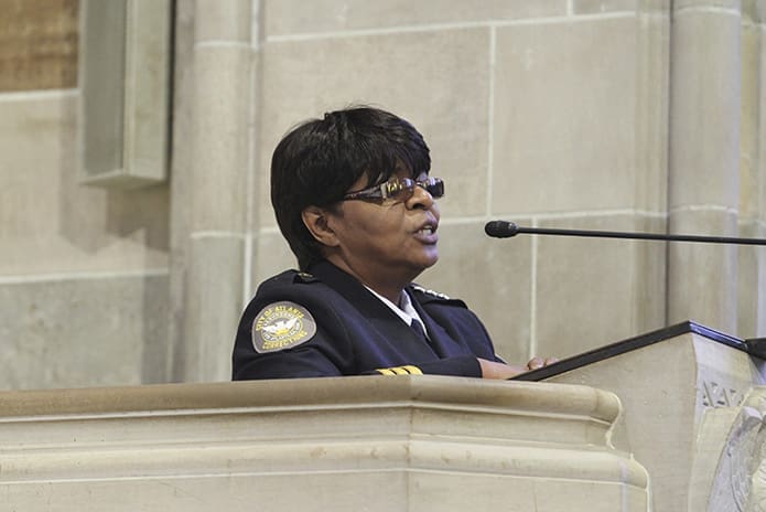 Diane Jones, assistant chief for the Atlanta Department of Corrections asked the congregation to pray for the first responders in Texas who were called upon during Hurricane Harvey and the ones who would have to step in as Hurricane Irma was approaching the U.S. mainland. Photo By Michael Alexander