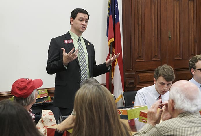 Marietta House District 37 Representative Sam Teasley stops by during lunch to speak with Catholic Day at the Capitol participants about the work he and his colleagues will be undertaking during the current legislative session. Photo By Michael Alexander