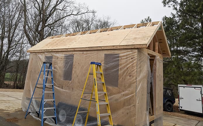 At the end of the second of four February 2019 build days, all the walls and nearly all the roof, with the exception of the very top, are completed. While tiny homes come in a variety of designs, the Blessed Trinity home falls under the “Simple Living” style. Photo Courtesy of Blessed Trinity High School