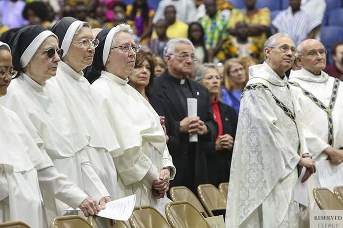 Clergy, women religious and laity came together for the April 28 farewell Mass for Archbishop Wilton D. Gregory at Marist School’s Centennial Center. Archbishop Gregory will be installed as the Archdiocese of Washington’s seventh archbishop on May 21. Photo By Michael Alexander