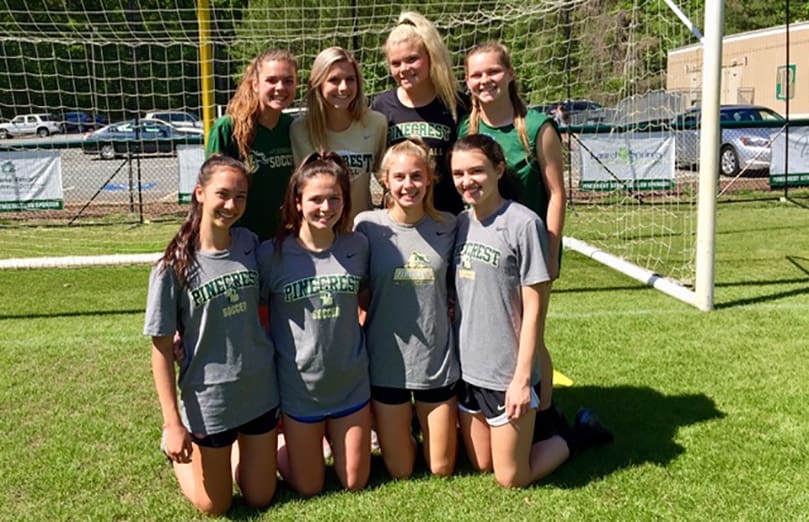 The Pinecrest Academy girls soccer players named to the all-area soccer teams for Class 1A-Private Area 8 include (front row, l-r) Sofia Alvarez Del Pino; Ivey Crain; Caroline Jeffcoat and Meghan Sullivan; (back row, l-r) Allison Doerr; Olivia Gannon; Haley Triplett and Sarah Brow. Photo By Judi Jeffcoat