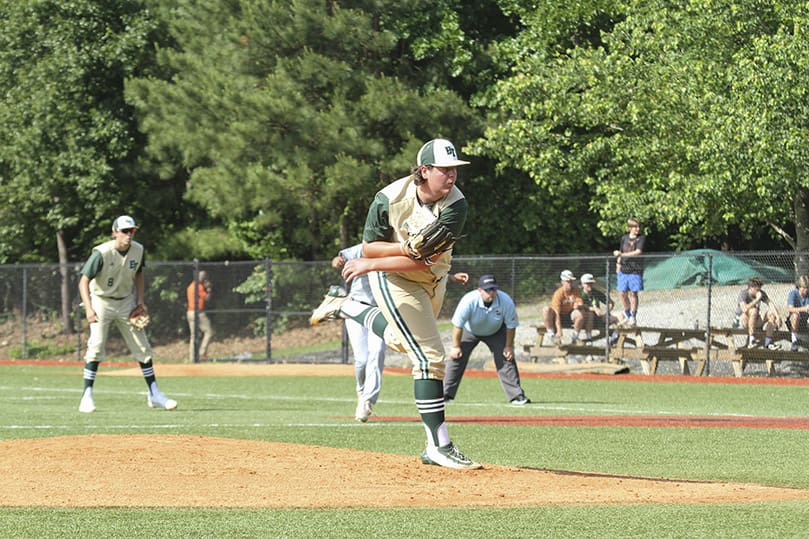 Blessed Trinity left-handed starting pitcher Eric Moore pitches a scoreless third inning during game one of the Class AAAA state baseball quarterfinals against College Park's Woodward Academy, May 8. Photo By Michael Alexander