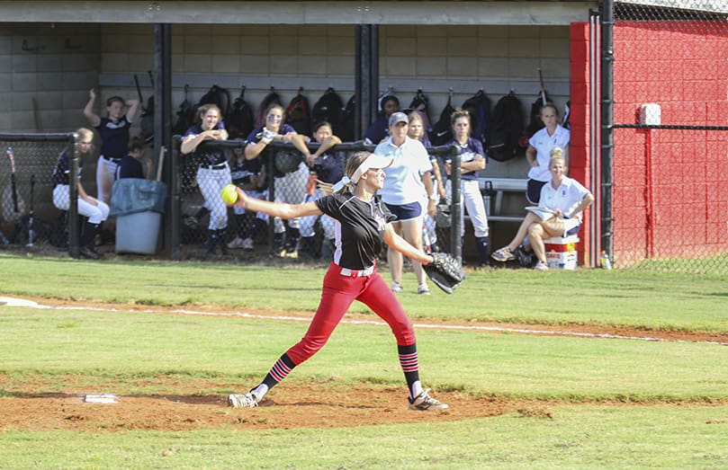 Our Lady of Mercy High School junior pitcher Nicole Lomonaco pitched a complete game. She held St. Francis School, Alpharetta, to one run in Mercy’s fifth victory of the season. Photo By Michael Alexander