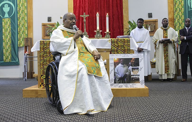 After receiving a Lifetime Achievement Award from Lyke House, Msgr. Edward Branch shares some remarks, which included a brief history and stories surrounding the building of the Atlanta University Catholic center. Photo By Michael Alexander