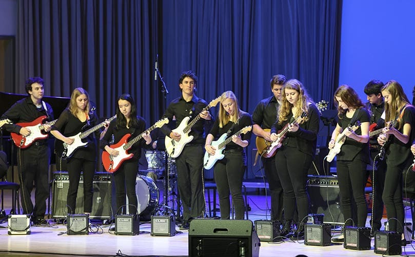 Members of the St. Pius X advanced guitar ensemble perform The Meters composition, “Cissy Strut.” Last year’s jazz performance took place, Nov. 20, at the Dr. Bailey &amp; Family Performance Center, Morgan Hall, on the campus of Kennesaw State University, Kennesaw. Photo By Michael Alexander  