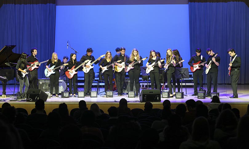 The advanced guitar ensemble performs the Miles Davis song, “Bag’s Groove.” Photo By Michael Alexander
