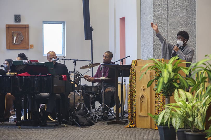 (R-l) Cantor Britni Ruff, drummer Kevin Johnson Jr. and pianist Dr. Kevin P. Johnson sing the responsorial from Psalm 96. Photo By Michael Alexander