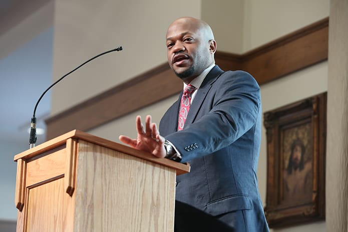 Chris Stewart, a trial lawyer and partner at Atlanta law firm Stewart, Seay &amp; Felton, spoke of the racial tension between police officers and the African-American community. Stewart is currently representing the family of the late Walter L. Scott, the South Carolina black man shot in the back five times by a white North Charleston police officer now on trial for murder. Photo By Michael Alexander