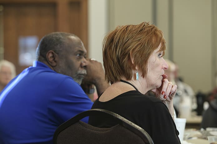 (R-l) Valerie Landau of Christ Our King and Savior Church, Greensboro, and Deacon Chester Griffin of Our Lady of Lourdes Church, Atlanta, heard some candid and uncomfortable stories of racism during the An Honest Look at Racism program at the Cathedral of Christ the King, Atlanta, Nov. 5. Photo By Michael Alexander