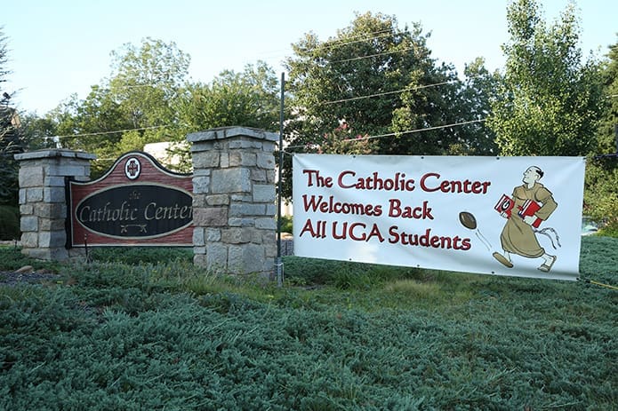 A banner in front of the University of Georgia Catholic Center, Athens, facing South Lumpkin Street, welcome students back to the campus. Photo By Michael Alexander