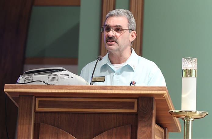 Deacon Carlos Garcia of St. John Vianney Church reflects on one of the seven readings, under the theme Truth, during Atlanta Prays at the Lithia Springs parish. St. John Vianney was an outside the perimeter host site for the west side of the city on May 4, the first day of 125 Hours of Prayer. Photo By Michael Alexander