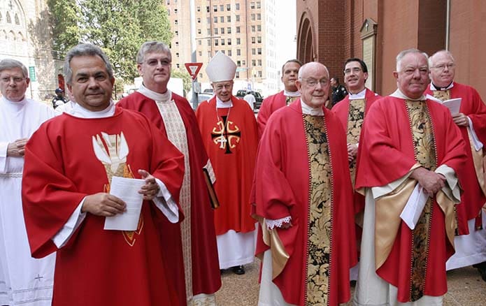 Msgr. R. Donald Kiernan, fourth from right, pastor of All Saints Church, Dunwoody, gathered outside Sacred Heart Church, Atlanta, with other clergy as the 2007 Red Mass prepared to get underway. Photo By Michael Alexander