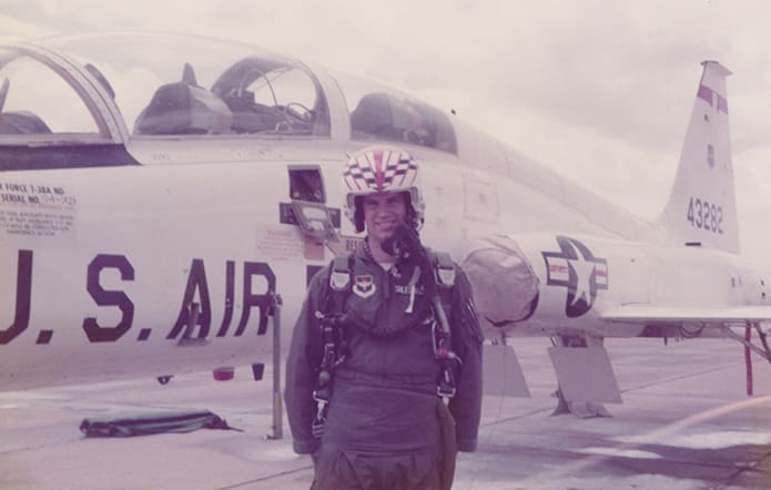 Bishop Bernard E. (Ned) Shlesinger III stands before a Northrop T-38 supersonic jet trainer at Reese Air Force Base, Lubbock, Texas. This photo was taken in the summer of 1984 during his flight school undergraduate pilot training. Photo Courtesy of Shlesinger Family