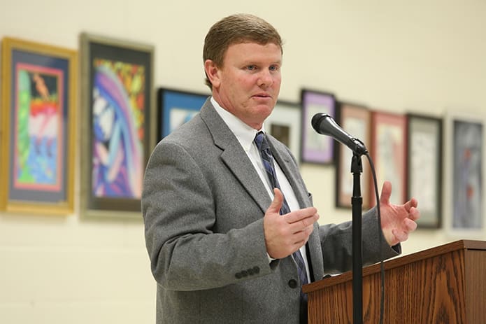 Blessed Trinity High School athletic director Ricky Turner opens the Athletic Hall of Fame induction ceremony. The project was two years in the making. Photo By Michael Alexander