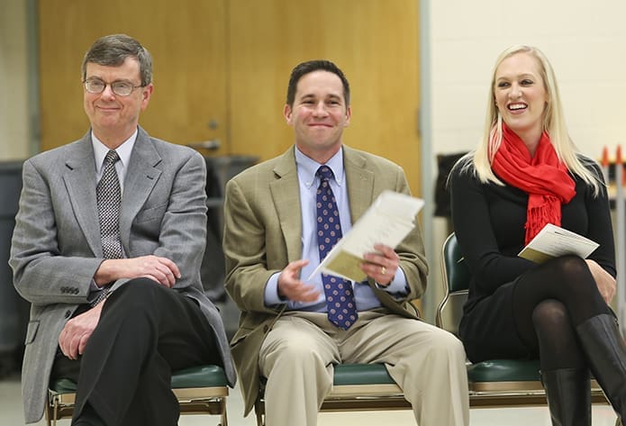 (L-r) Blessed Trinity High School principal Frank Moore, social studies instructor and former golf coach, Michael Henry and Hall of Fame inductee Brooke Alexander sit along side each other during the schoolâs first Athletic Hall of Fame induction ceremony. Photo By Michael Alexander