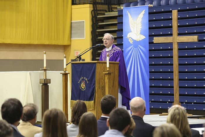 Bishop-designate Joel M. Konzen, SM, delivers the homily during the March 18 Family Mass in his honor at Marist School’s Centennial Center. He served in multiple positions at the Atlanta school, including teacher, admissions director, president and principal. Photo By Michael Alexander