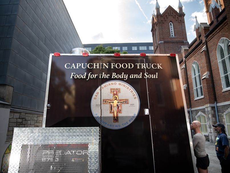 The Capuchin food truck parked near the Shrine of the Immaculate Conception. The friars prepare simple comfort food for the homeless. Photo by Johnathon Kelso