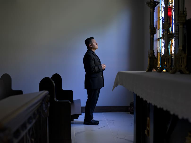 DAWSONVILLE, GA - NOVEMBER 1, 2021: Director of Vocations, Fr. Rey Pineda, photographed inside Mary, Mother of Divine Love Adoration Chapel at Christ the Redeemer Church. Photographer: Johnathon Kelso
