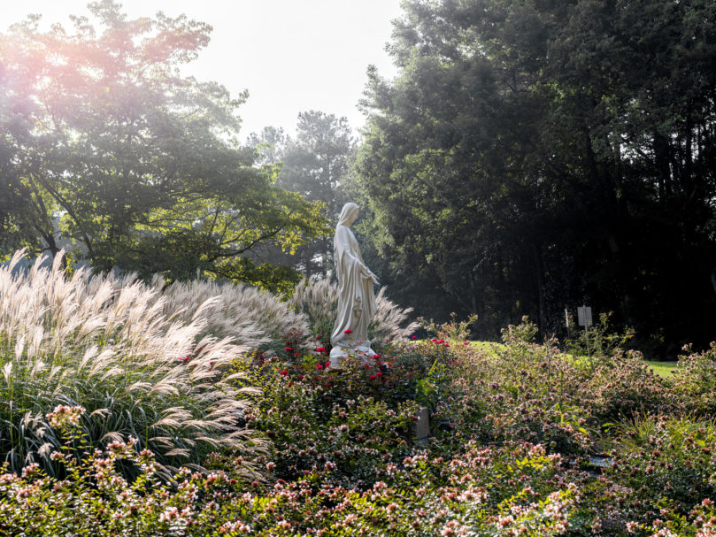 A statue of the Blessed Virgin Mary sits near the front of the property at Corpus Christi Church. Photo by Johnathon Kelso