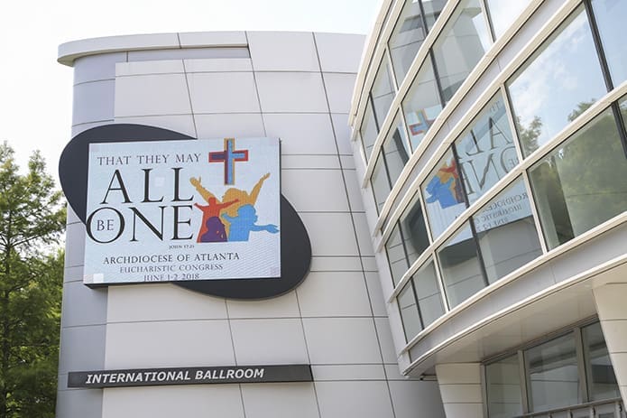 The 2018 Eucharistic Congress theme appears on the marquee at the Georgia International Convention Center, College Park, June 2, the second and final day of the annual event. Photo By Michael Alexander. Photo By Michael Alexander