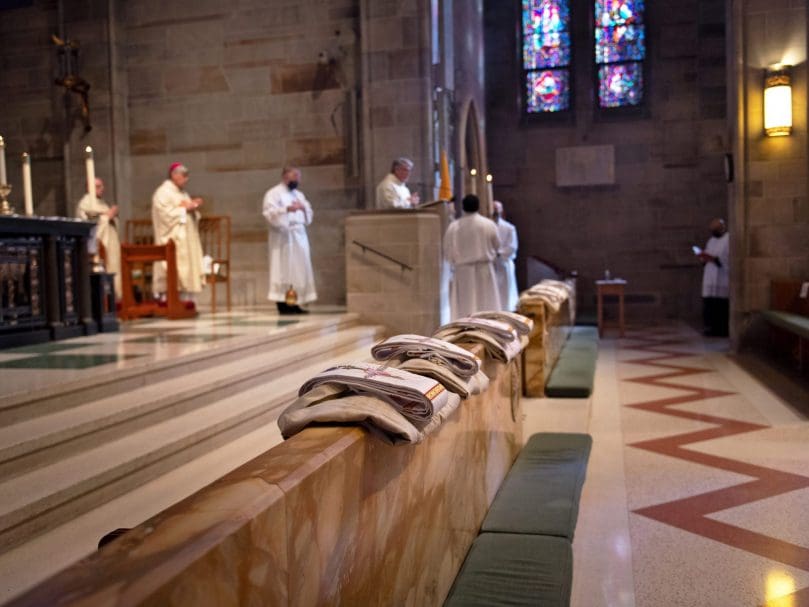 The deacon's vestments upon the altar rail at the Feb. 5 ordination Mass. Photo by Johnathon Kelso
