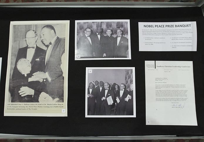 In the Cathedral of Christ the King’s Kenny Hall, the Office of Archives and Records featured five exhibit cases. This particular one highlighted the Nobel Peace Prize Banquet for Dr. Martin Luther King Jr. Archbishop Paul J. Hallinan, who appears in the exhibit, was a member of the banquet committee. The other exhibits included Dr. Martin Luther King Jr. celebrations, Integration at the Archdiocese of Atlanta, King’s Assassination and Marches &amp; Protest. Photo By Michael Alexander