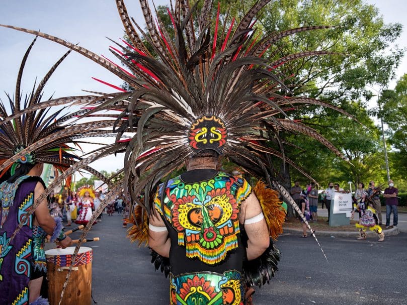 An Aztec dance group that represents four parishes in the Atlanta area performs before the morning processionon June 18 at the Eucharistic Congress. Photo by Johnathon Kelso