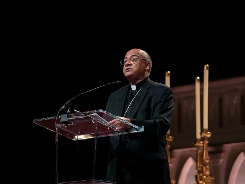 Archbishop Shelton Fabre of Louisville, Ky., speaks to an audience during the English Track of the 2022 Eucharistic Congress. Archbishop Fabre also participated in the inaugural Social Justice Track.  Photo by Johnathon Kelso