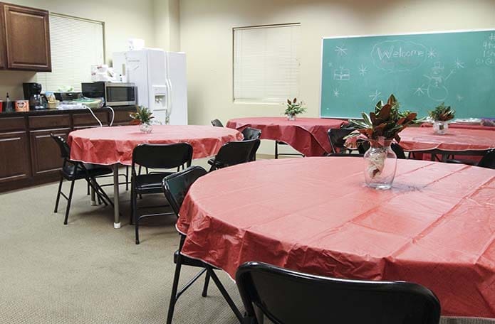 Family Promise of Gwinnett County clients who live at St. Monica Church in Duluth stay in Faith Formation building classrooms that have been converted into living space. Pictured above is the dining area also available to them. Photo By Michael Alexander
