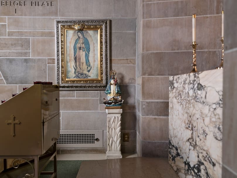 A statue of Our Lady of Charity and icon of Our Lady of Guadalupe are photographed inside the sanctuary at Cathedral of Christ the King. Archbishop Hartmayer celebrated a Mass for Our Lady of Charity, marking 60 years of Hispanic Ministry in Atlanta Sept. 10. Photo by Johnathon Kelso