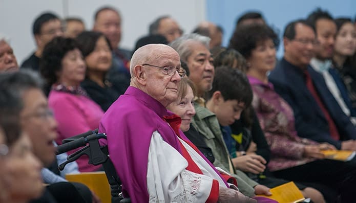 Msgr. R. Donald Kiernan, 92, the retired pastor of All Saints Church, Dunwoody, attended the dedication Mass for the mission. The Chinese community first began meeting at his parish in 1990. Photo by Thomas Spink