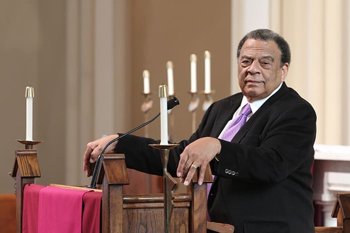Andrew Young, former Atlanta mayor and U.S. ambassador to the United Nations, delivers the keynote address for the event from the pulpit at the Shrine of the Immaculate Conception, Atlanta. Photo By Michael Alexander