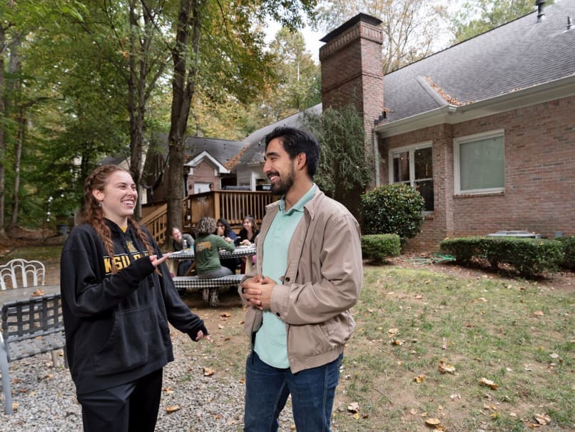 KSU Students Tessa Liles, left, and Peyton Smith, right, enjoy fellowship together following a lunch hosted by the Catholic Center. Photo by Johnathon KelsoKSU Students Tessa Liles, left, and Peyton Smith, right, enjoy fellowship together following a free lunch hosted by he Catholic Center. Photo by Johnathon Kelso
