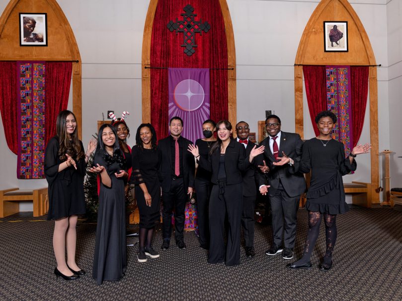 Dr. Joseph Legaspi, director of the Bowman Scholars program poses with the Thea Bowman Scholars and performers from the Lessons & Carols event hosted at Lyke House. From left to right, Geraldine Suarez, Unnisa Suarez, Lauren Bolden, Jaleesa Schoolfield, Dr. Joseph Legaspi, Alexis Green, Jeenifer Alberto, Mickeal Cadore, Keron Campbell, and Margaret Quartey. Photographer, Johnathon Kelso
