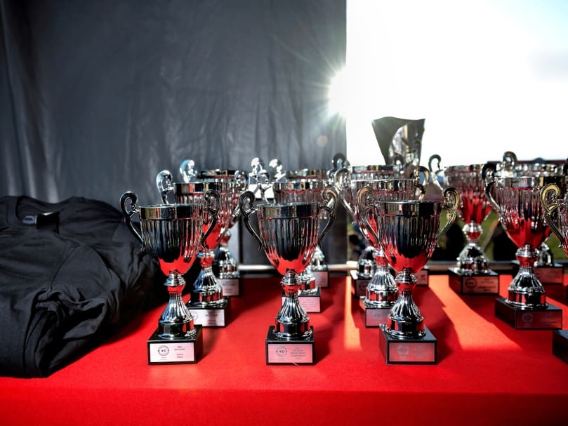 Trophies for the Wingfoot XC Classic are displayed during the meet. Photo by Johnathon Kelso