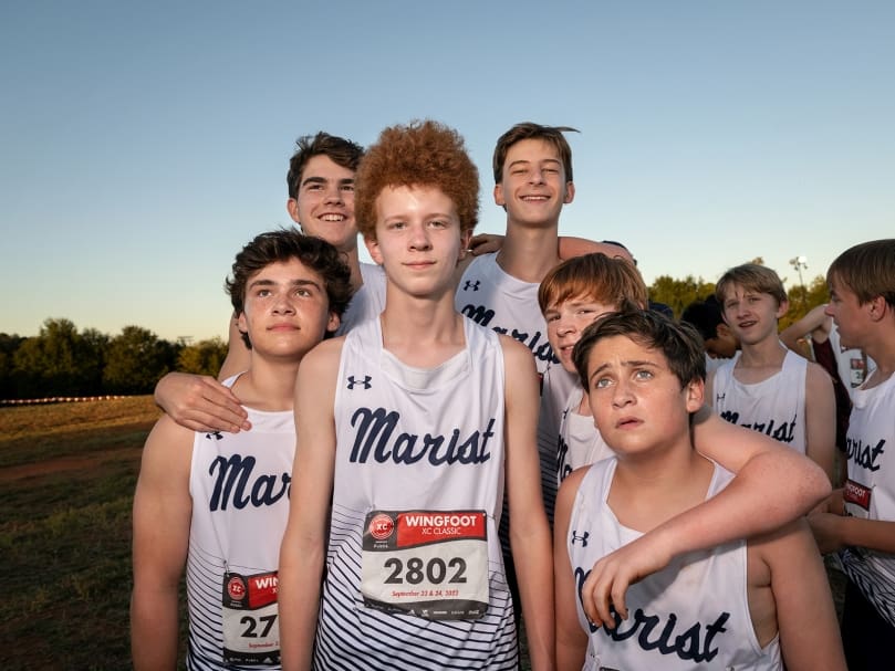 The Marist junior varsity boys photographed before their first race of the evening at the Wingfoot XC Classic held in Cartersville. From left to right, Bennet Patterson, Andrew Weigand, Liam Wolfe, Maddox Thomas and Warren Patterson. Photo by Johnathon Kelso