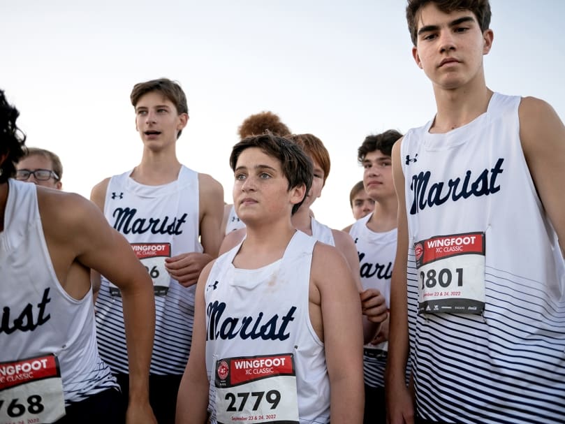 The Marist junior varsity boys photographed before their first race of the evening at the Wingfoot XC Classic held in Cartersville on Sept. 23. From left to right, Maddox Thomas, Miller Moore, and Andrew Weigland. Photo by Johnathon Kelso