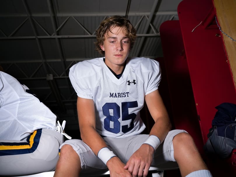 Marist wide reciever Nate Harron is photographed in the locker room at half-time during the game against Woodward Academy on Sept. 9. Woodward Academy went on to defeat Marist by a score of 28-21. Photo by Johnathon Kelso