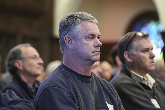 David Fenner, center, of St. Vincent de Paul Church, Dallas, listens to a speaker during the inaugural Men's Morning of Spirituality for the Archdiocese of Atlanta. The Men’s Morning of Spirituality is “an annual event for men seeking to enrich their Catholic faith and become active disciples of Jesus Christ.” Photo By Michael Alexander
