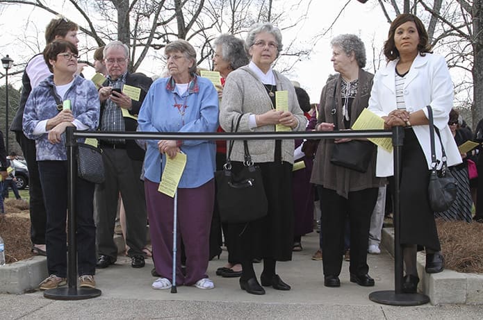 St. Pius X Church parishioners (l-r, along the front) Peggy Sandy, Ann Sullivan, Jacqueline Rychlicki, Linda Mitchell and Jean Grant were the first ladies in line for the opening of the Holy Door of Mercy at the Monastery of the Holy Spirit, Conyers. Rychlicki, Mitchell and Grant are Lay Cistercians of the Monastery of the Holy Spirit. Photo by Michael Alexander