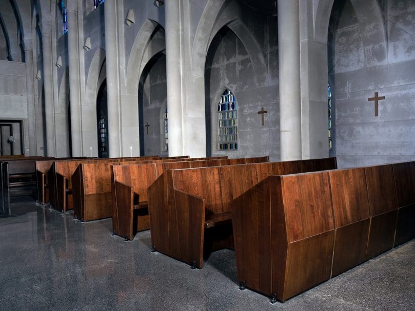 New guest pews inside the sanctuary are part of the renovation project underway at the Monastery of the Holy Spirit. The pews feature pedestals for display of readings and hymns. Photo by Johnathon Kelso