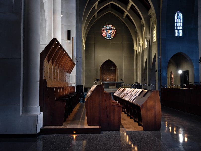 Newly constructed choir stalls within the sanctuary of the Abbey Church are part of the renovation at the Monastery of the Holy Spirit in Conyers. Photo by Johnathon Kelso