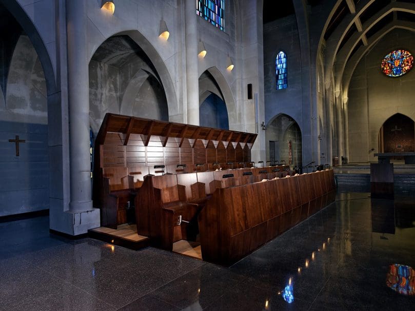 Newly constructed choir stalls of black walnut are part of the renovation at the Monastery of the Holy Spirit in Conyers. Photo by Johnathon Kelso